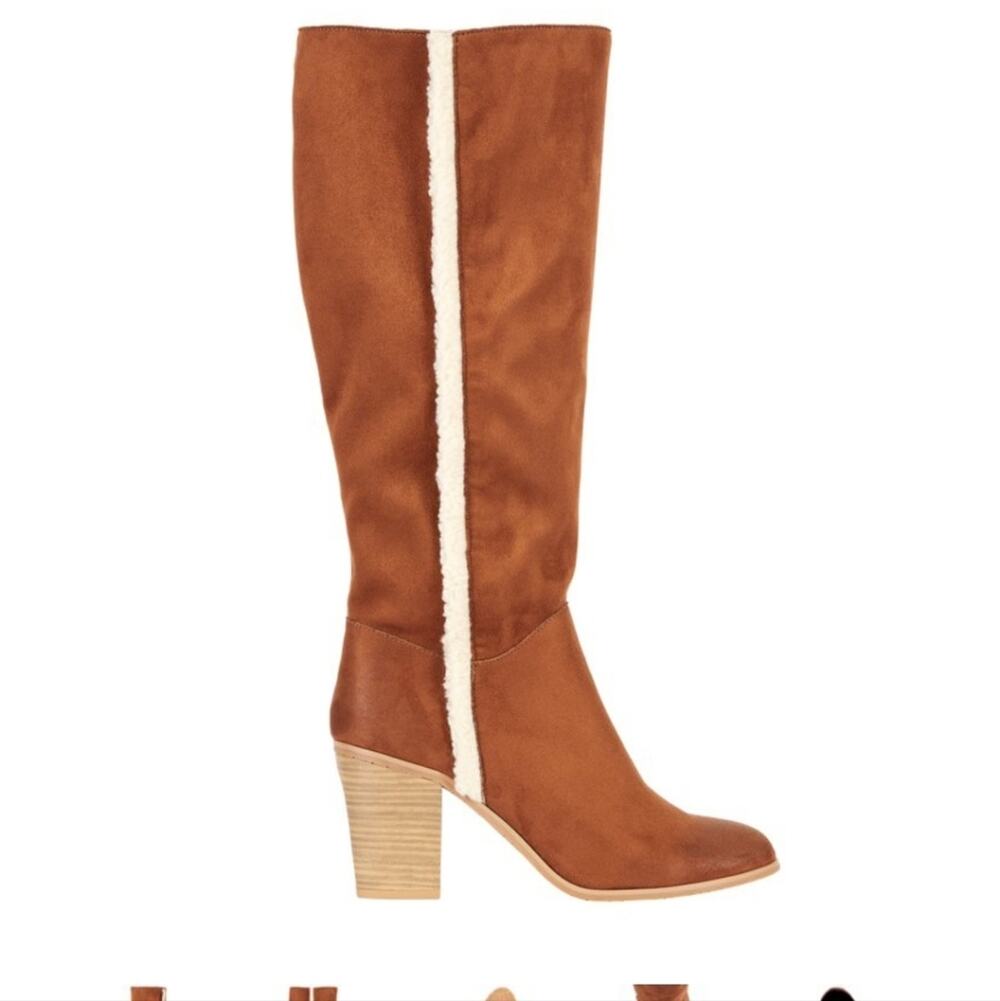 MELROSE AVE Brown Vegan Suede Knee High Boots Block Heel Faux Fur Trim Western